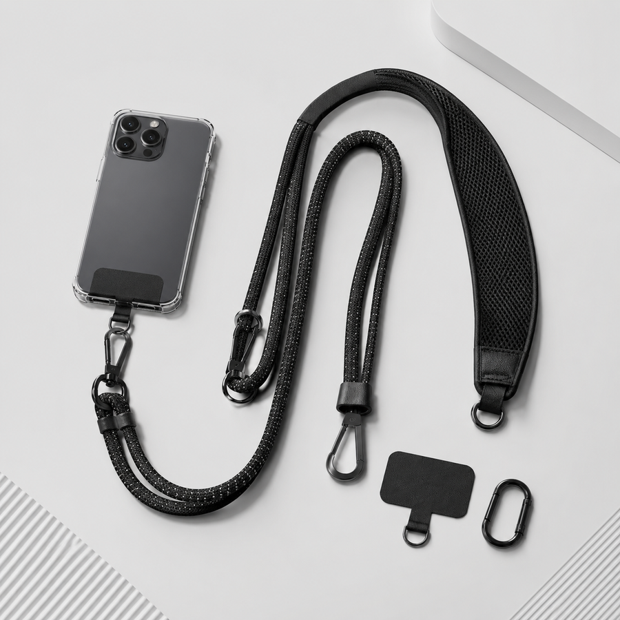 Hands-Free Crossbody Phone Lanyard Set – Adjustable Black Phone Strap with Shoulder Pad, Attachment Tabs & Clips for Travel, Work & Everyday Carry