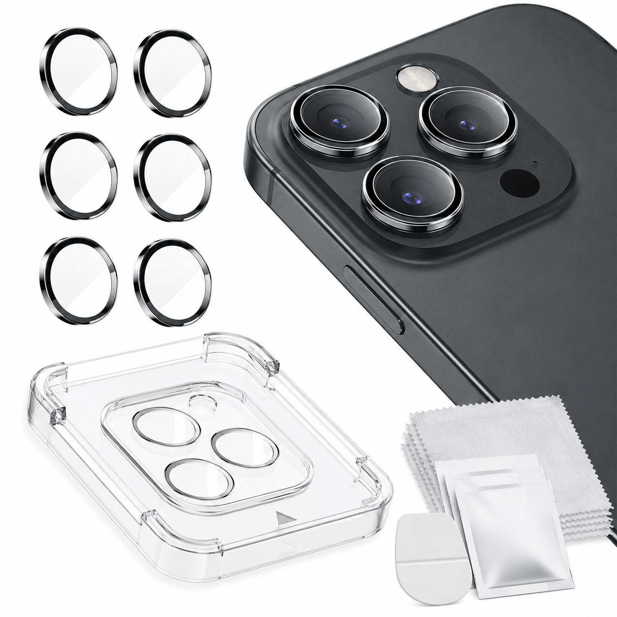 Premium Camera Lens Protector Kit – Tempered Glass Lens Rings with Alignment Tray, Cleaning Wipes & Anti-Scratch Camera Protection for Multi-Lens Phones