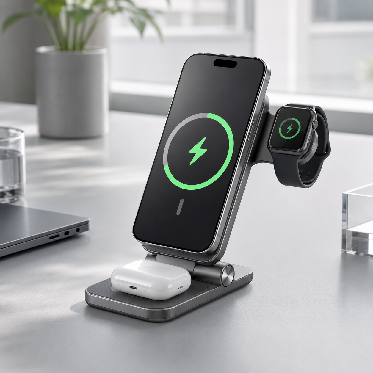 3-in-1 Foldable Magnetic Wireless Charging Stand – Compact Charging Station for Phone, Smartwatch & Earbuds with Adjustable Desk and Nightstand Design
