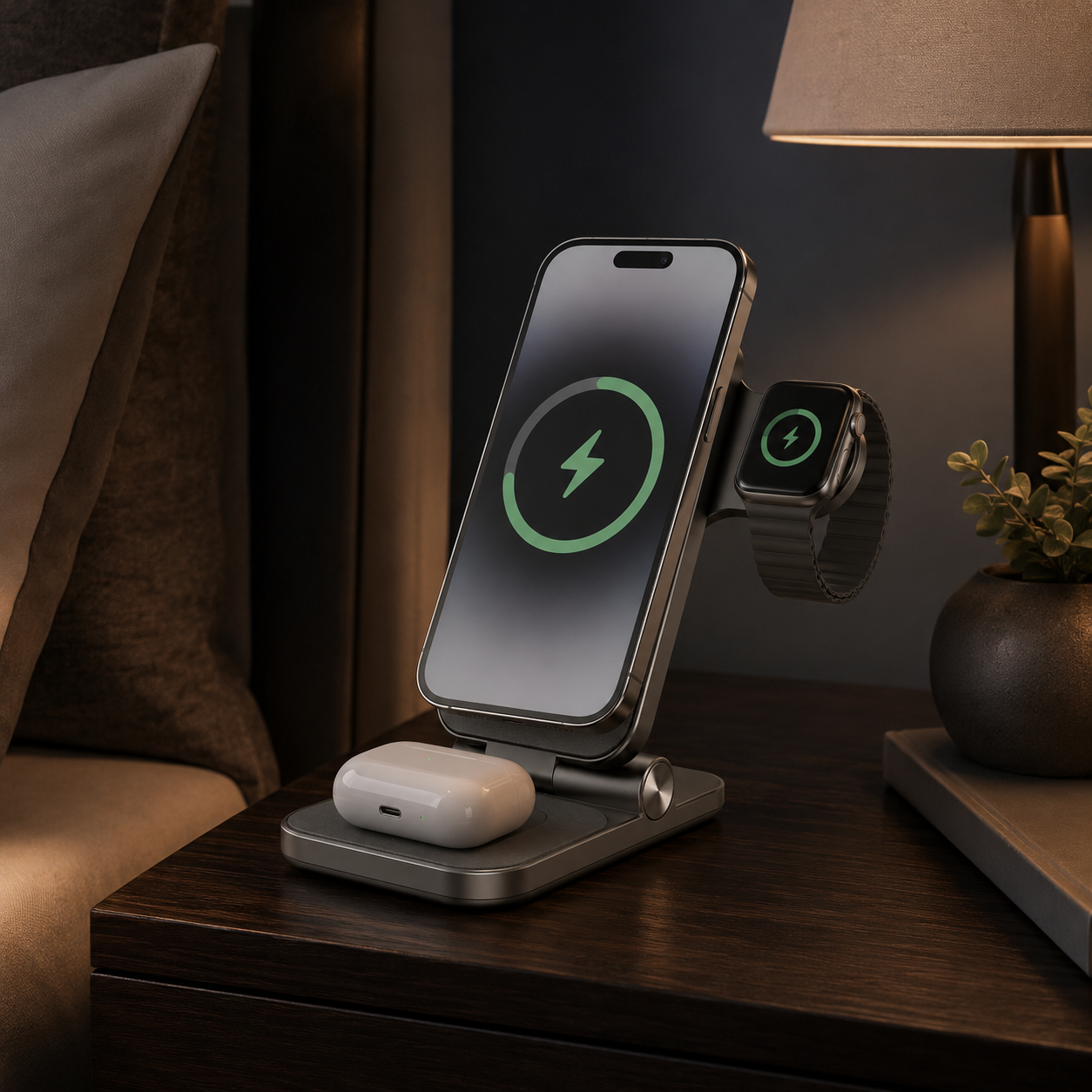 3-in-1 Foldable Magnetic Wireless Charging Stand – Compact Charging Station for Phone, Smartwatch & Earbuds with Adjustable Desk and Nightstand Design