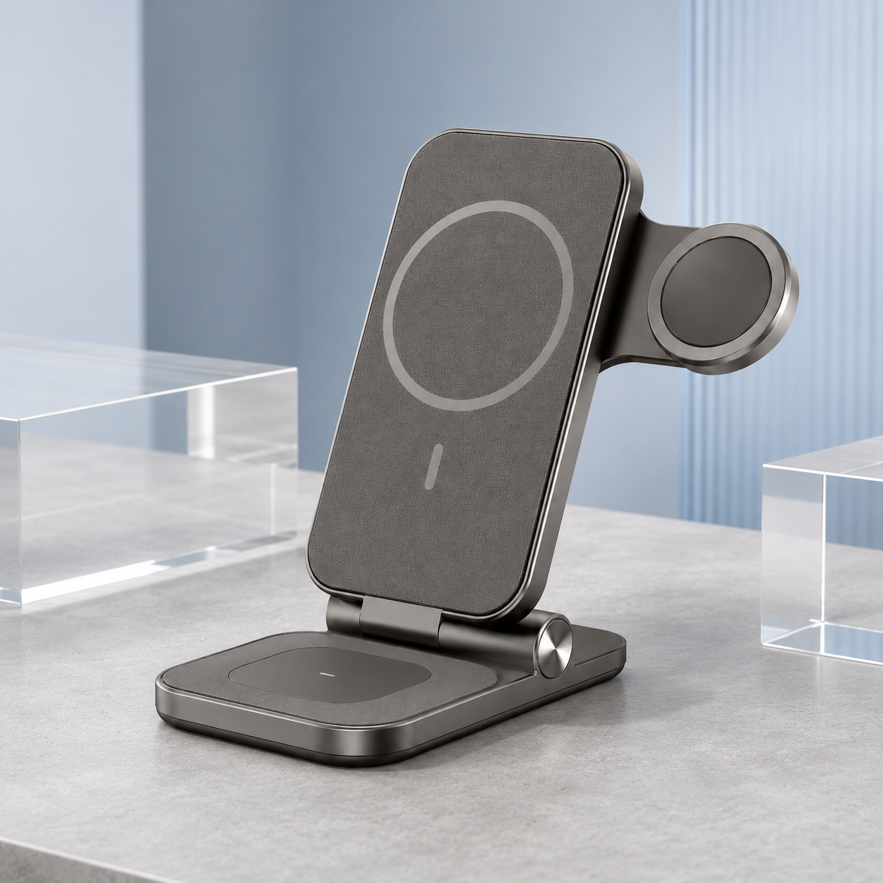 3-in-1 Foldable Magnetic Wireless Charging Stand – Compact Charging Station for Phone, Smartwatch & Earbuds with Adjustable Desk and Nightstand Design