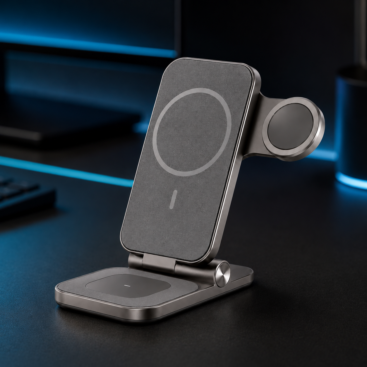 3-in-1 Foldable Magnetic Wireless Charging Stand – Compact Charging Station for Phone, Smartwatch & Earbuds with Adjustable Desk and Nightstand Design