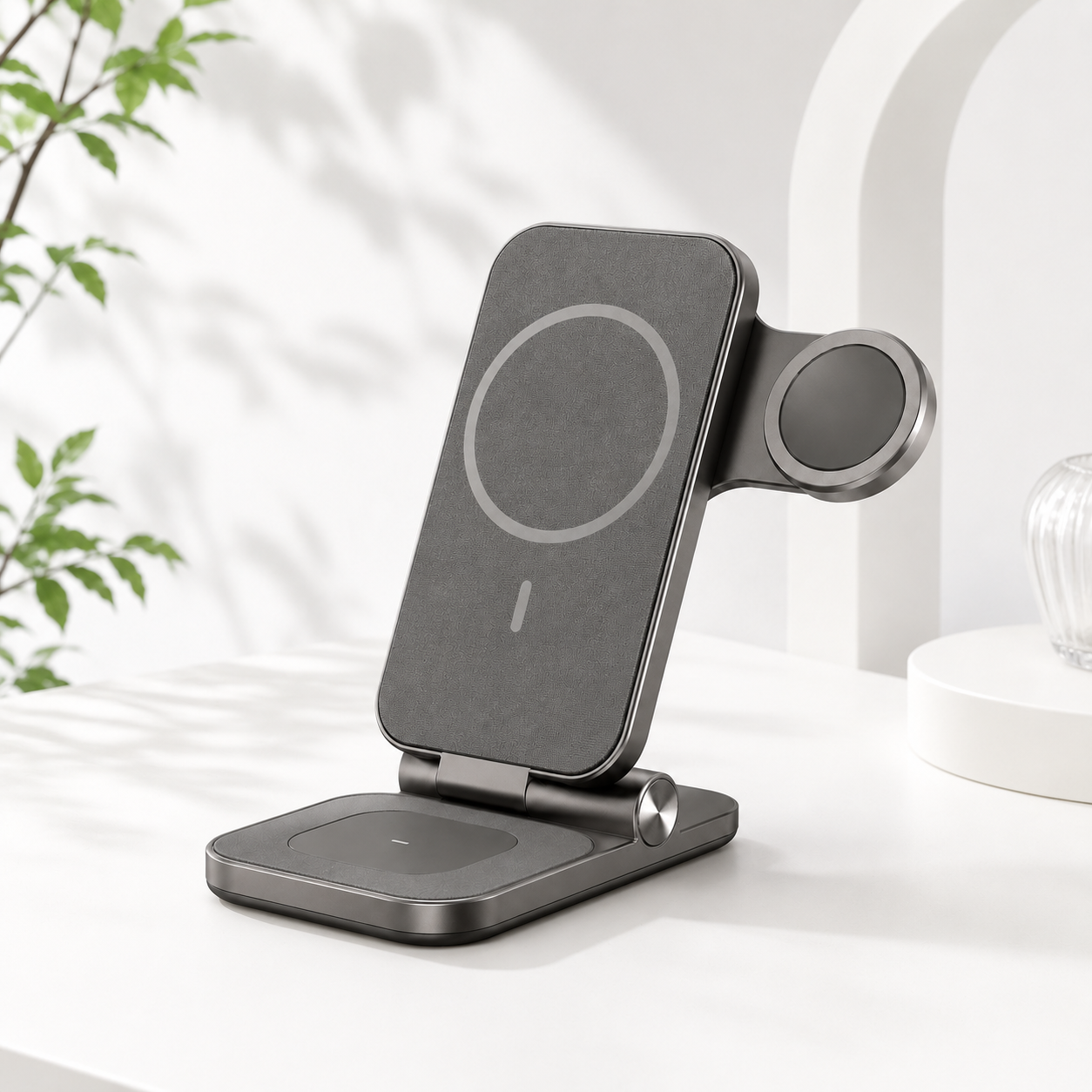 3-in-1 Foldable Magnetic Wireless Charging Stand – Compact Charging Station for Phone, Smartwatch & Earbuds with Adjustable Desk and Nightstand Design