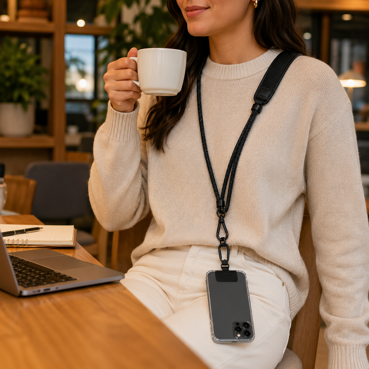 Hands-Free Crossbody Phone Lanyard Set – Adjustable Black Phone Strap with Shoulder Pad, Attachment Tabs & Clips for Travel, Work & Everyday Carry