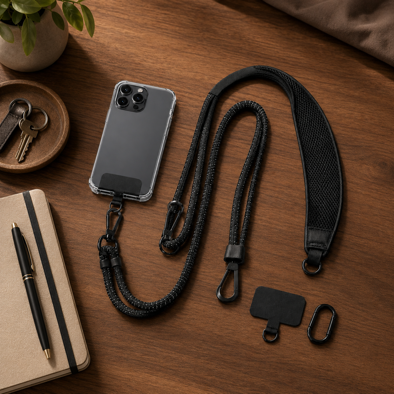 Hands-Free Crossbody Phone Lanyard Set – Adjustable Black Phone Strap with Shoulder Pad, Attachment Tabs & Clips for Travel, Work & Everyday Carry