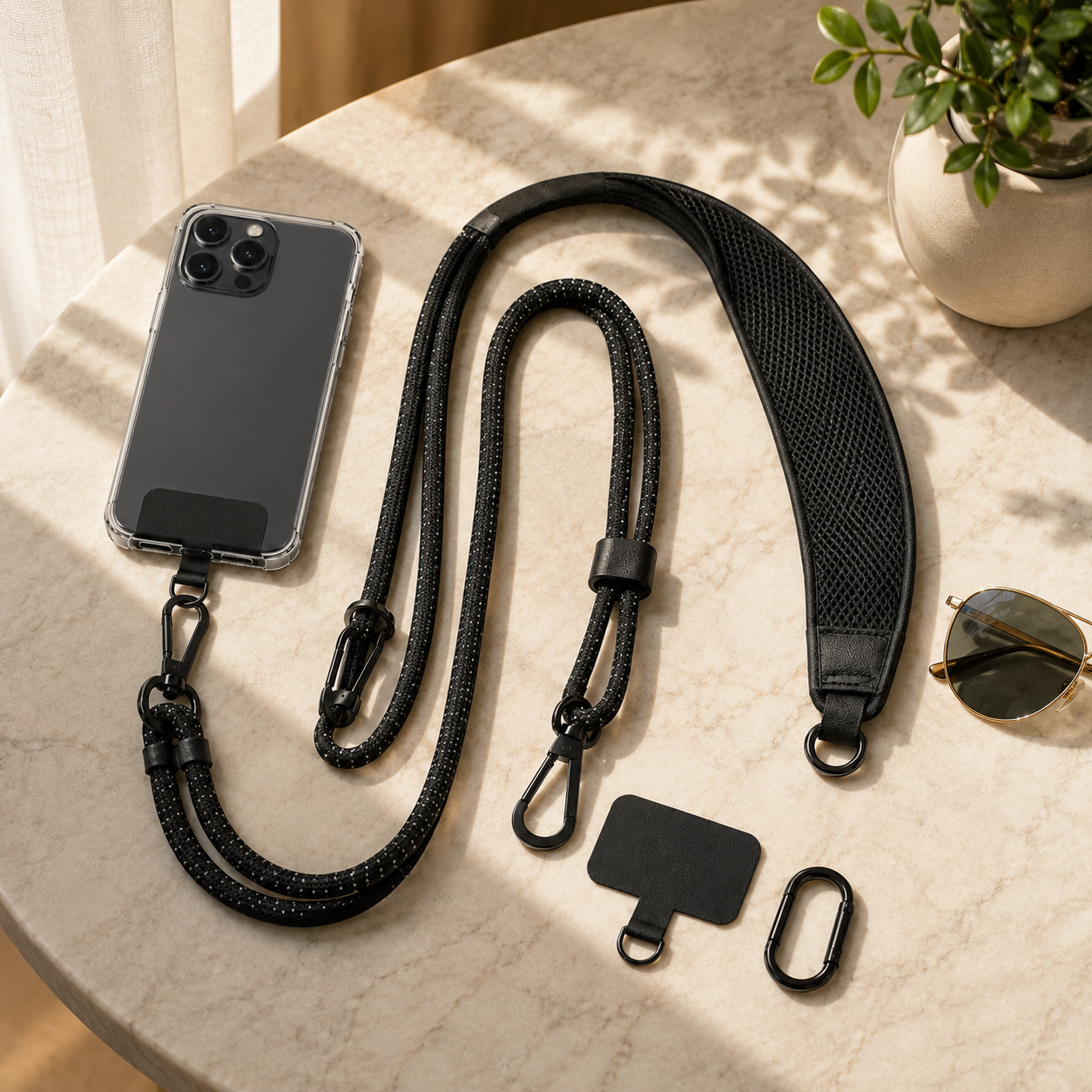 Hands-Free Crossbody Phone Lanyard Set – Adjustable Black Phone Strap with Shoulder Pad, Attachment Tabs & Clips for Travel, Work & Everyday Carry