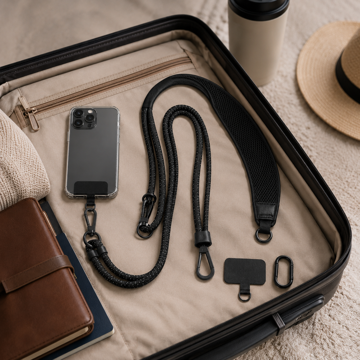 Hands-Free Crossbody Phone Lanyard Set – Adjustable Black Phone Strap with Shoulder Pad, Attachment Tabs & Clips for Travel, Work & Everyday Carry