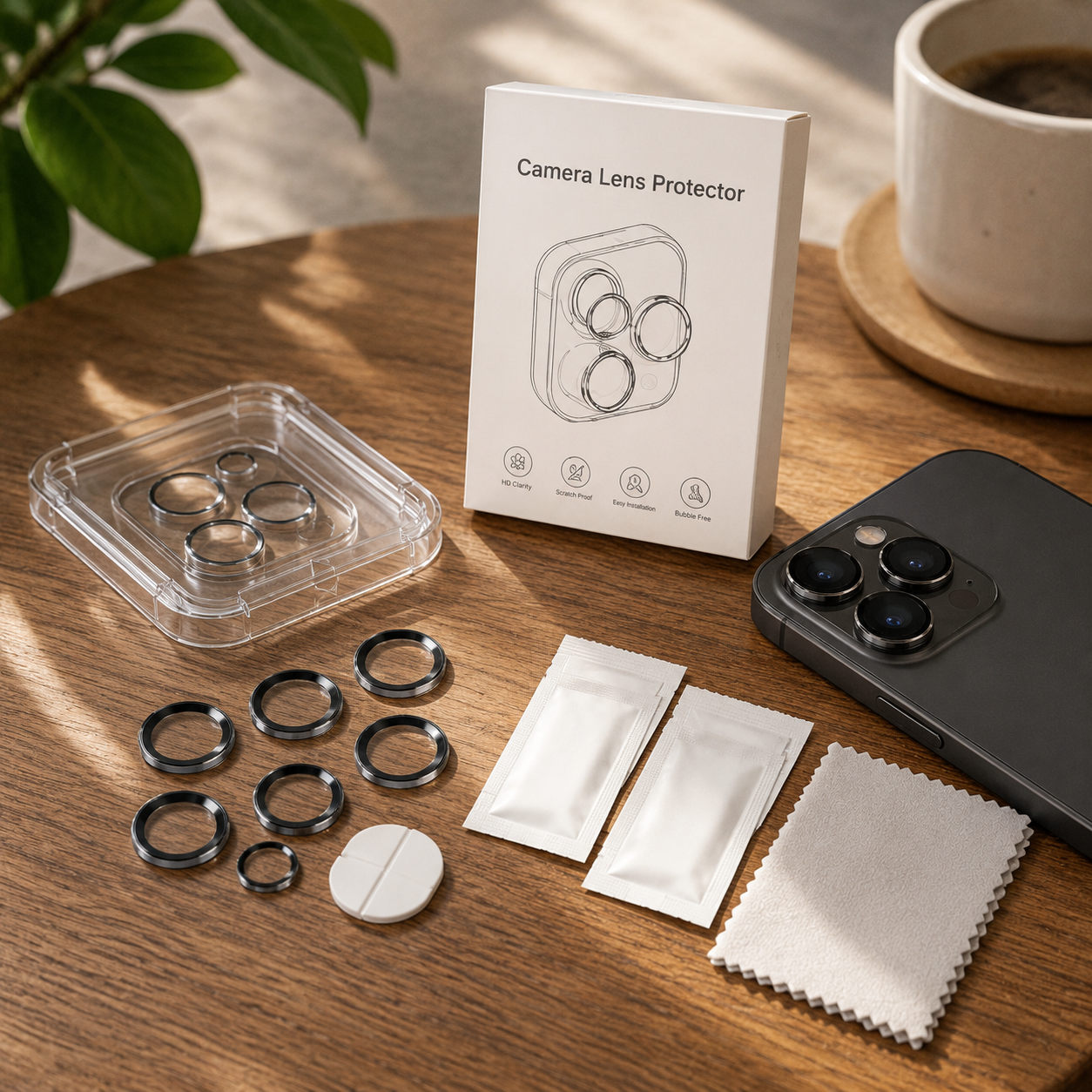 Premium Camera Lens Protector Kit – Tempered Glass Lens Rings with Alignment Tray, Cleaning Wipes & Anti-Scratch Camera Protection for Multi-Lens Phones