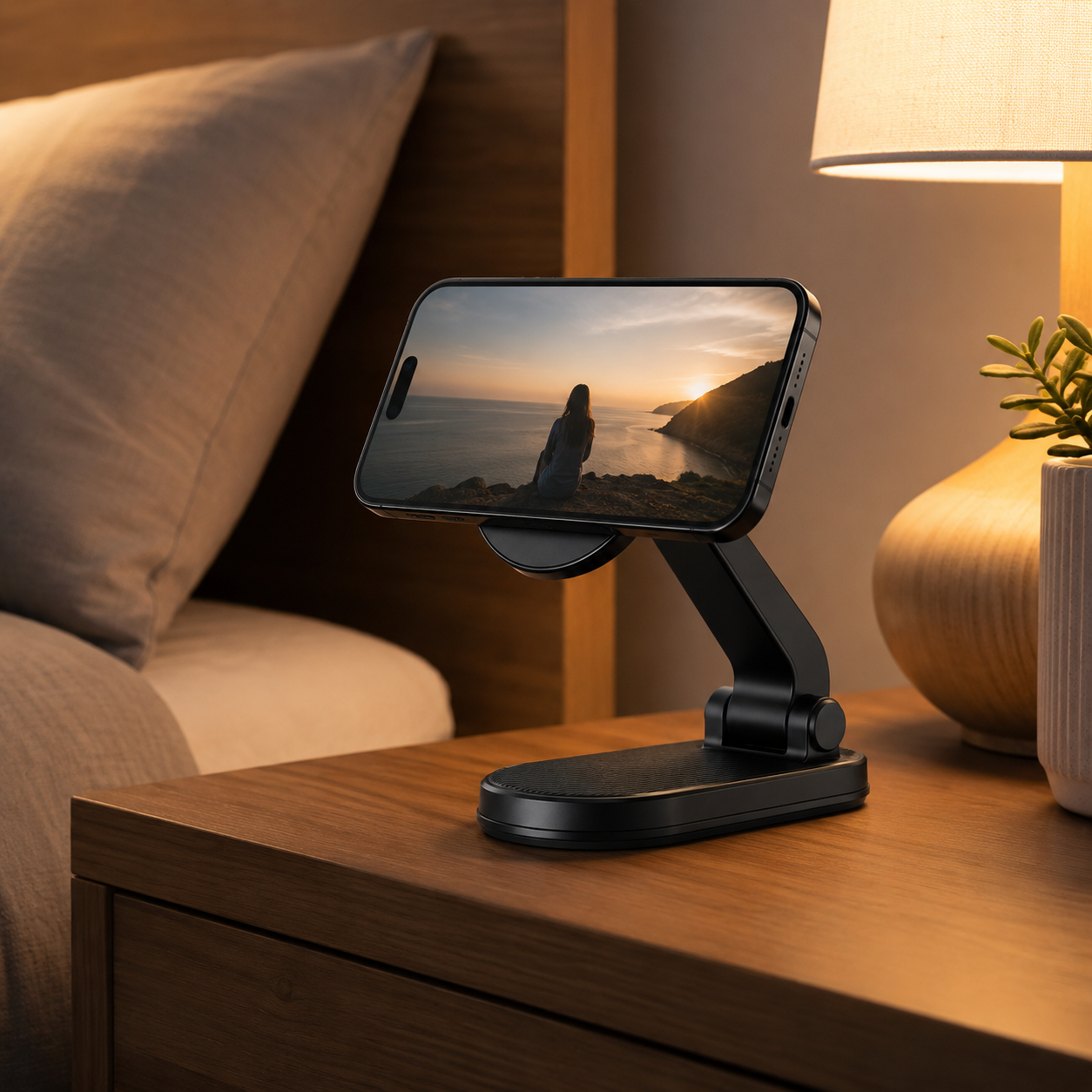Foldable Magnetic Phone Stand – Adjustable Desktop Phone Holder with Strong Magnetic Mount for Video Calls, Streaming, Work Desk & Bedside Use