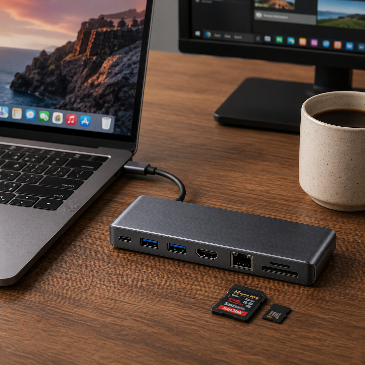 7-in-1 USB-C Hub Adapter – Multi-Port Docking Station with HDMI, USB Ports, Ethernet, SD/TF Card Reader & USB-C Connection for Laptops, Tablets & Work Setups