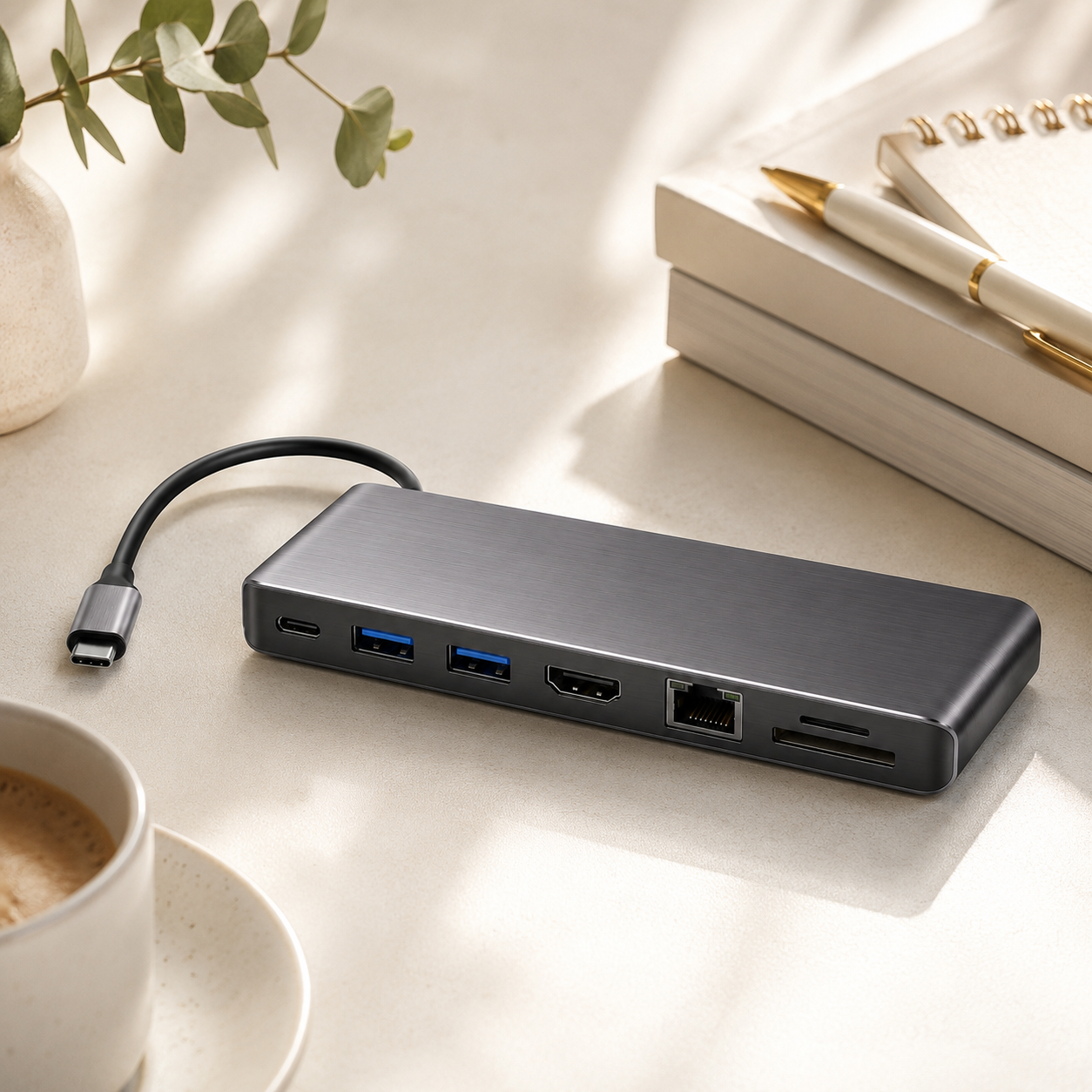 7-in-1 USB-C Hub Adapter – Multi-Port Docking Station with HDMI, USB Ports, Ethernet, SD/TF Card Reader & USB-C Connection for Laptops, Tablets & Work Setups